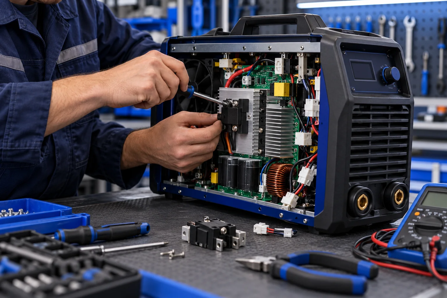 Técnico inspeccionando el interior de una soldadora, imagen referencial
